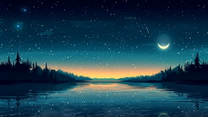 starry night sky over calm lake with crescent moon and silhouetted trees on horizon