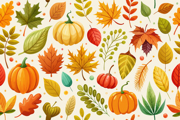 Sticker - assortment of autumn elements such as pumpkins, leaves, acorns, and berries are scattered across a light background