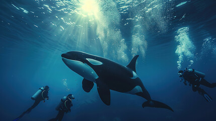 Wall Mural - Orca Whale in the Ocean Underwater Background with Copy Space