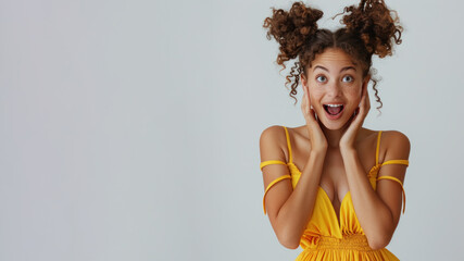 Wall Mural - Afro girl surprised with shock face expression, shout loud with hands on head