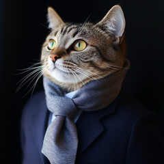 A cat in a business suit on a dark background