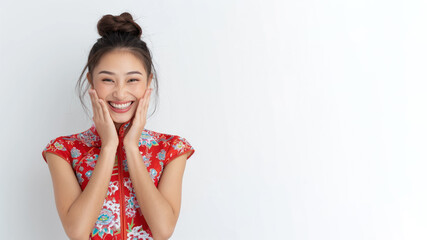 Wall Mural - Malay girl surprised with excited face expression, wear red cheongsam