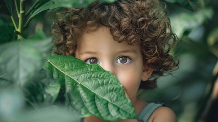 boy with cute eyes covering his face with a leaf