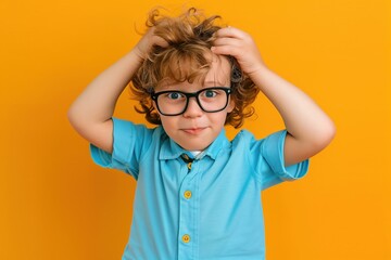 Wall Mural - A boy with glasses holding his head with his hands on a yellow background, the concept of solving problems and issues at school