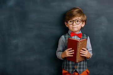 Wall Mural - Portrait of a smart child with glasses in a waistcoat and butterfly holding a book in his hands on the background of a black school board