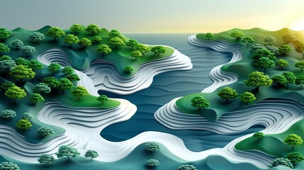 Poster - Dynamic aerial abstract background showcasing serene bodies of water and lush green landscapes, highlighted in shades of white, blue, and green for a peaceful design. high resolution Illustration, in