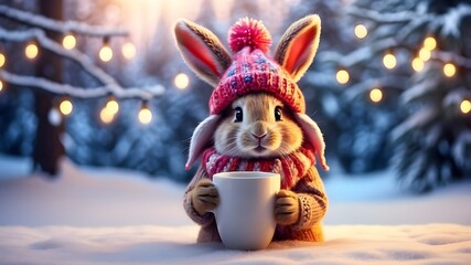 Wall Mural - A bunny Easter wearing a hat and drinking tea in the forest in winter season 