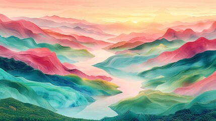 Poster - Vibrant aerial abstract background featuring colorful natural landscapes and bodies of water in shades of pink, green, and blue perfect for lively and dynamic designs. high resolution Illustration,