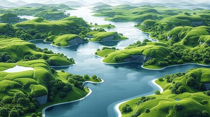 Canvas Print - Abstract aerial background with serene bodies of water and lush green landscapes highlighted in white and blue providing a refreshing and peaceful design. high resolution Illustration, in the style