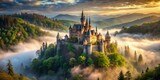 Majestic medieval fairy tale castle with tall spires and towers rises above a misty forest surrounded by ancient trees and vibrant green foliage.