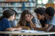 © Dina - diverse group of middle school students gathered around a table in a library, collaborating on a project, minimal style with copy space, back to school. education concept.