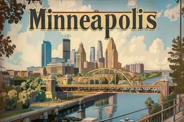 Artistic vintage-style illustration of Minneapolis skyline with prominent buildings and river scene, capturing the city's essence.