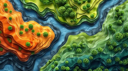 Sticker - Creative aerial abstract background featuring colorful natural landscapes and bodies of water in green, orange, and blue perfect for diverse creative needs. high resolution Illustration, in the style