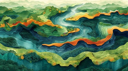 Poster - Creative aerial abstract background featuring colorful natural landscapes and bodies of water in green, orange, and blue perfect for diverse creative needs. high resolution Illustration, in the style