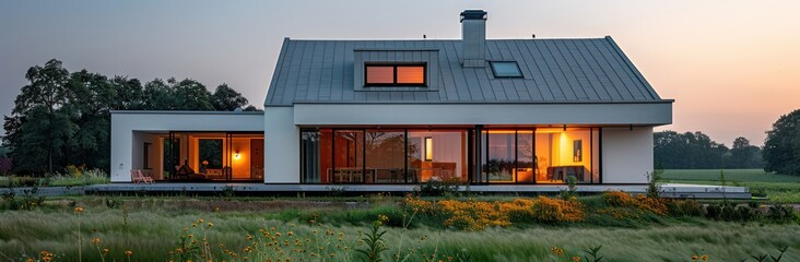 Wall Mural - Modern House with Large Windows at Sunset