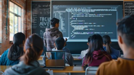 Poster - A teacher is standing in front of a blackboard with the word 