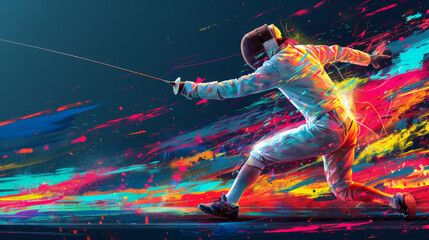 Fencer in full motion, their sword extended in a dynamic pose, against a vibrant background of colorful brushstrokes