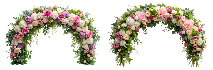 Set of floral arches with flowers, branches, and leaves on a white background. A concept of beauty, decoration, and celebration.