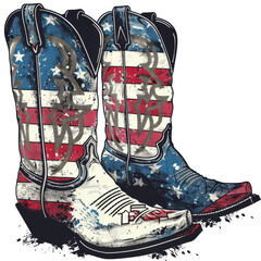 Wall Mural - Two cowboy boots with American flag designs on them. The boots are worn by a cowboy and are decorated with stars and stripes