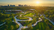 © JJ1990 - Scenic park at sunset, aerial view, winding paths, green landscape, urban skyline, serene atmosphere, recreational area, city park