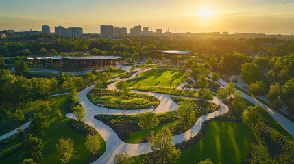 Scenic park at sunset, aerial view, winding paths, green landscape, urban skyline, serene atmosphere, recreational area, city park