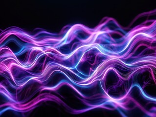 Fototapete - Abstract glowing pink and blue light waves on a black background, creating a vibrant and futuristic visual effect.