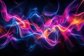 Aufkleber - Abstract neon light painting of vibrant swirls in shades of pink, blue, and orange on black background, showcasing dynamic energy and movement.