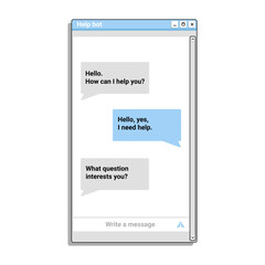 Poster - Chat bot application in blue color window for phone. Mobile bot application. Chatting in messenger.