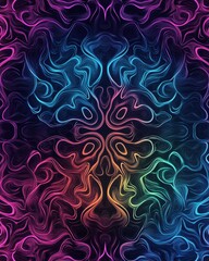 Poster - Vibrant abstract background with swirling colorful patterns and symmetrical design in a gradient of blues, purples, and pinks.