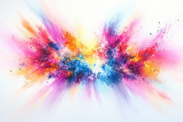 Poster - Vibrant multicolored paint explosion on white background, abstract art creating a colorful and energetic visual impact.