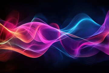 Poster - Vivid abstract waves of colorful light intertwined on a dark background, creating a mesmerizing and dynamic visual effect.