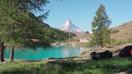 Wall Mural - Matterhorn over Moosjisee reservoir on the five lakes in summer at Switzerland