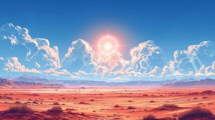 Wall Mural - Dramatic scene of a desert landscape under an intense sun with shifting clouds, showcasing the harsh realities of global warming and its impact on arid environments. high resolution Illustration, in