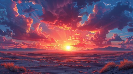 Poster - Dramatic image of a desert landscape at sunset with shifting weather patterns, emphasizing the extreme conditions and impacts of climate change on arid environments. high resolution Illustration, in