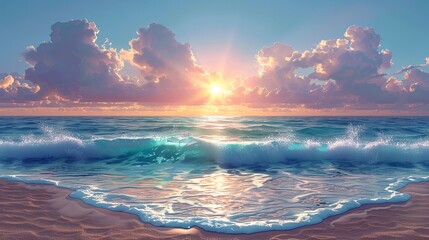 Poster - Captivating scene of a beach with gentle waves and a bright sun, contrasted with storm clouds on the horizon, reflecting the beauty and vulnerability of coastal ecosystems. high resolution