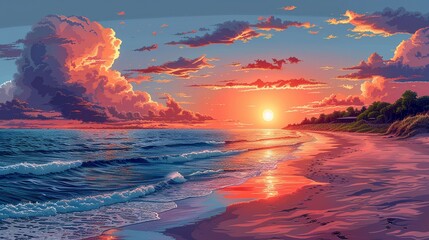 Canvas Print - Dynamic image of a summer sunset over an ocean beach with shifting weather patterns, emphasizing the beauty and vulnerability of coastal environments to climate change. high resolution Illustration,