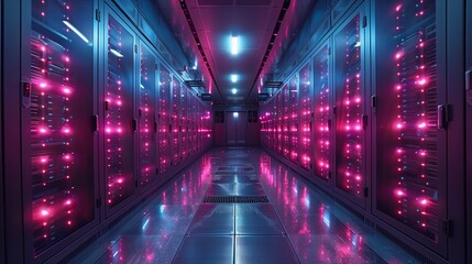 Poster - bright neon lights glow along a corridor of server racks in a modern data center at night.