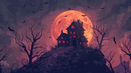 An old, spooky house on top of a hill with a full moon