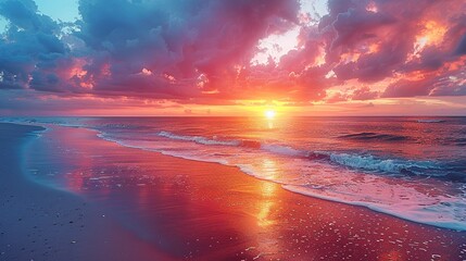 Poster - Stunning image of a coastal beach with a vibrant sunset sky, transitioning to a stormy horizon, illustrating the impacts of climate change on coastal environments and weather patterns. high