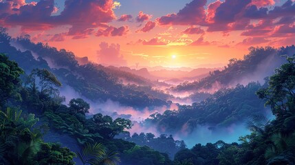 Sticker - Dynamic scene of a lush forest at dawn with fog and distant smoke, capturing the fragile balance of nature amidst increasing climate challenges and environmental changes. high resolution