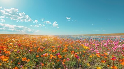 Wall Mural - Beautiful scene of a vibrant field of flowers under a clear blue sky, transitioning to a drought-stricken landscape, capturing the effects of climate change on plant life. high resolution