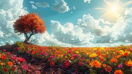 Sticker - Stunning scene of a field of vibrant flowers under a bright sun, transitioning to a drought-stricken landscape, highlighting the effects of climate change on flora and ecosystems. high resolution