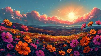 Sticker - Stunning scene of a field of vibrant flowers under a bright sun, transitioning to a drought-stricken landscape, highlighting the effects of climate change on flora and ecosystems. high resolution