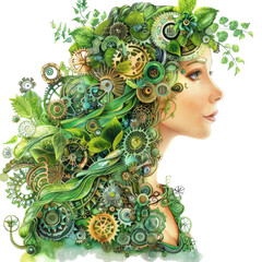 A woman's head is covered in gears and leaves, giving the impression of a mechanical or futuristic design