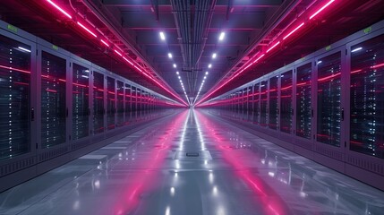 Poster - A modern data center features rows of servers illuminated by vibrant neon lights creating a striking visual effect.