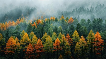 Poster - Captivating photograph of a forest transitioning from lush summer green to vibrant autumn colors with a smoky backdrop, illustrating the impact of climate change on seasonal shifts. high resolution