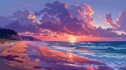 Canvas Print - Stunning image of a beach at sunset with a clear sky transitioning to stormy weather, reflecting the effects of climate change on coastal and marine environments. high resolution Illustration, in the