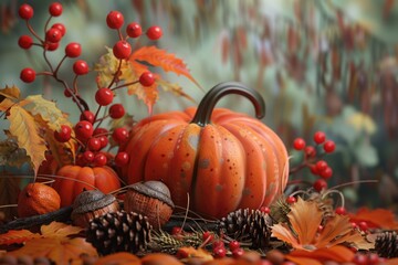 Poster - A small pumpkin sits atop a pile of autumn leaves, perfect for decorating or using as a prop in fall-themed scenes