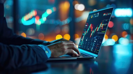 Aufkleber - A man is typing on a laptop computer with a screen displaying financial data. Concept of focus and concentration as the man works on the computer