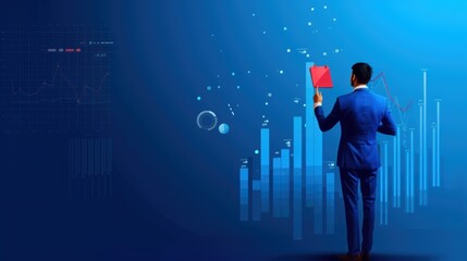 Aufkleber - A man in a suit is holding a red kite and looking at a computer screen with graphs. Concept of focus and determination as the man works on his computer. The kite serves as a symbol of freedom